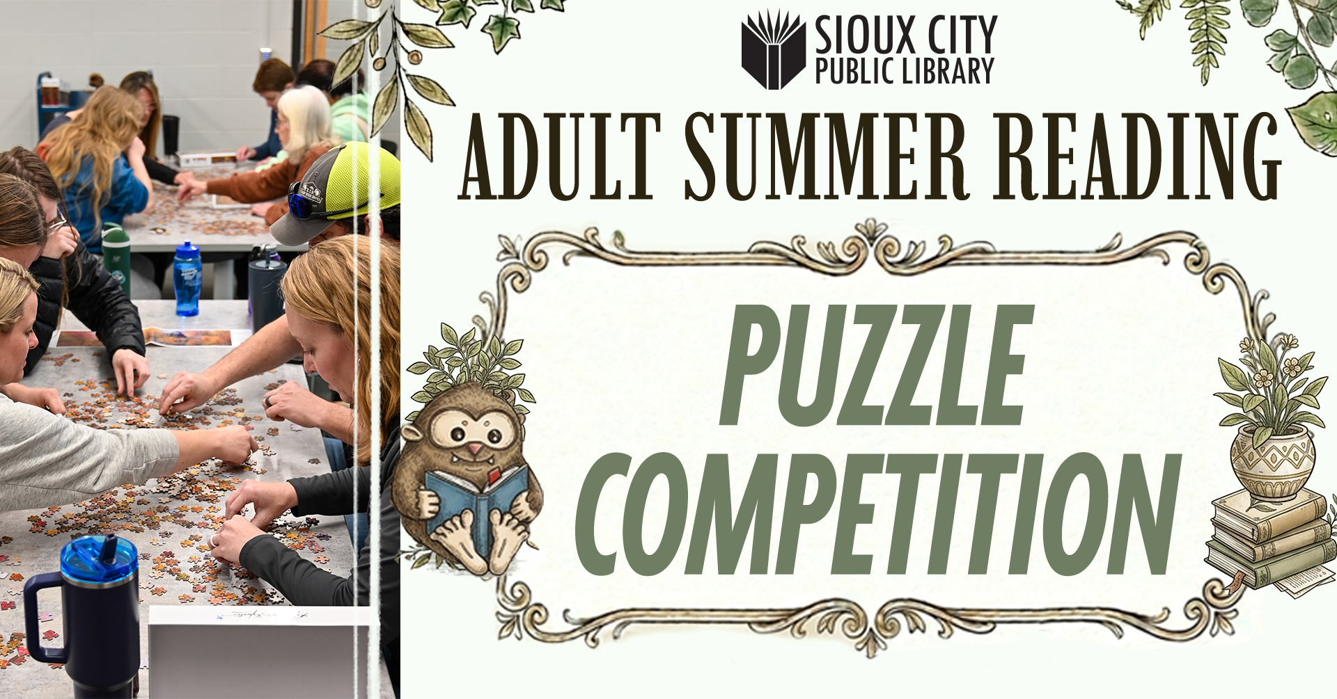 A promotional image for Sioux City Public Librarys Adult Summer Reading Puzzle Competition. Left: groups of adults work on jigsaw puzzles; right: event details with a cartoon owl and stacks of books.