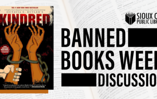 Promotional graphic for a Sioux City Public Library Banned Books Week discussion featuring the book cover for Octavia E. Butlers Kindred.
