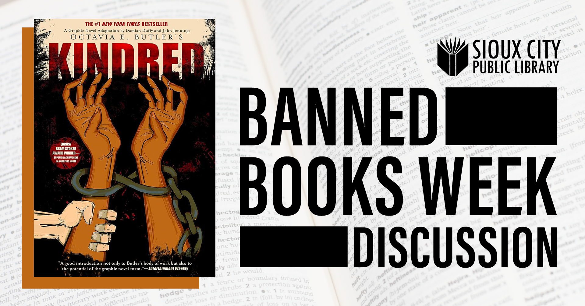 Promotional graphic for a Sioux City Public Library Banned Books Week discussion featuring the book cover for Octavia E. Butlers Kindred.