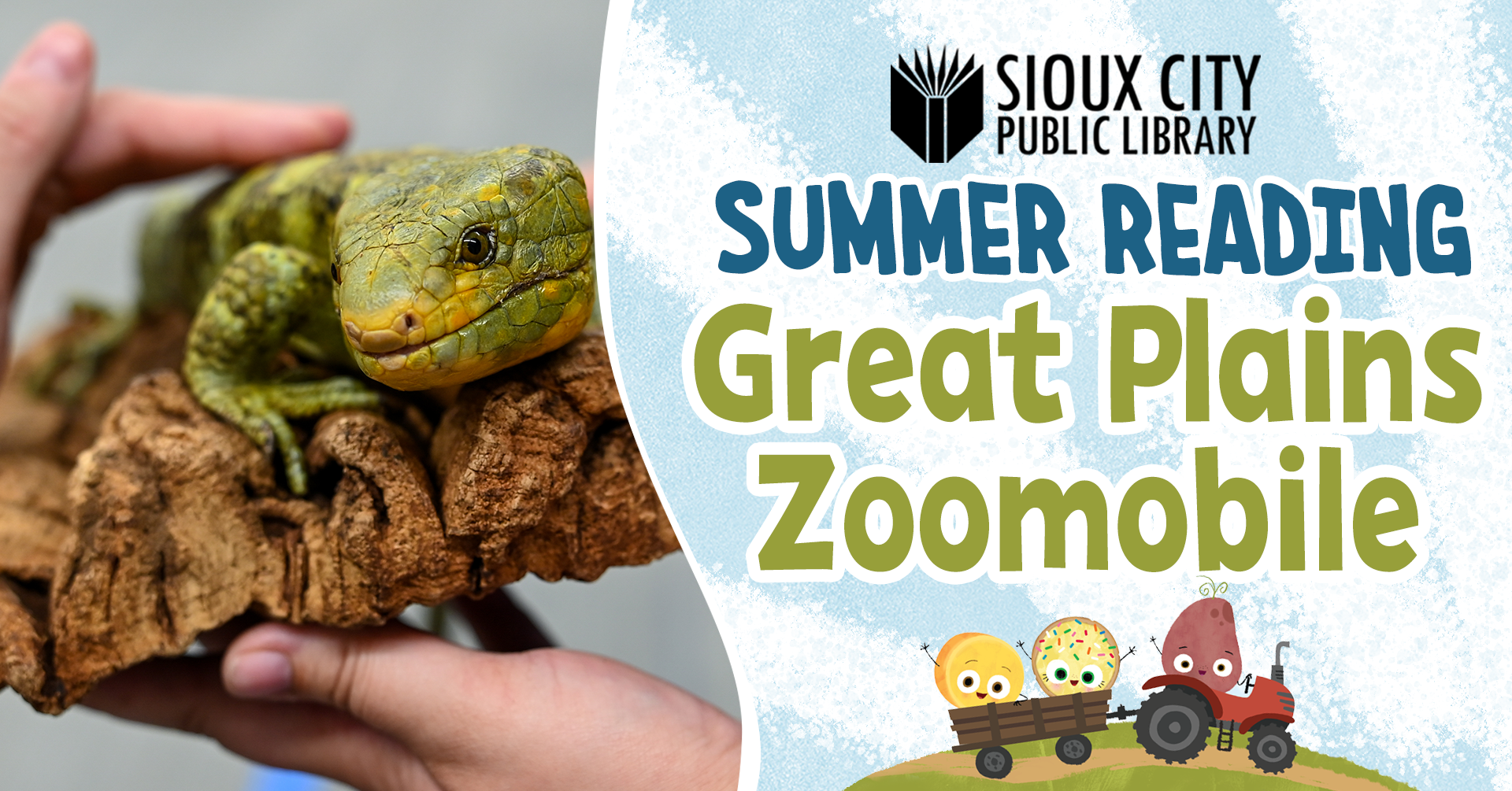 A person holds a large green lizard on bark. Next to it, text reads Sioux City Public Library Summer Reading Great Plains Zoomobile, with cartoon animals riding on a small cart at the bottom.