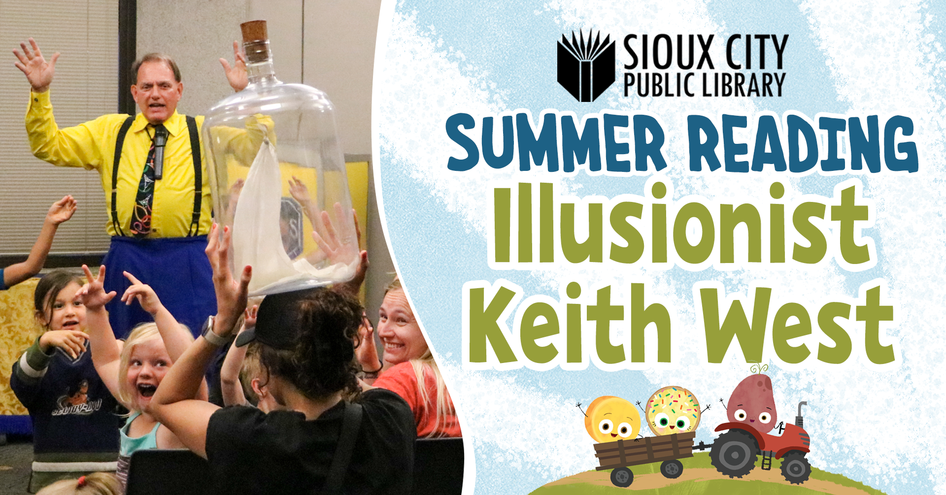 Illusionist Keith West entertains excited children at the Sioux City Public Librarys Summer Reading event, with a large glass bottle and playful graphics promoting the show.