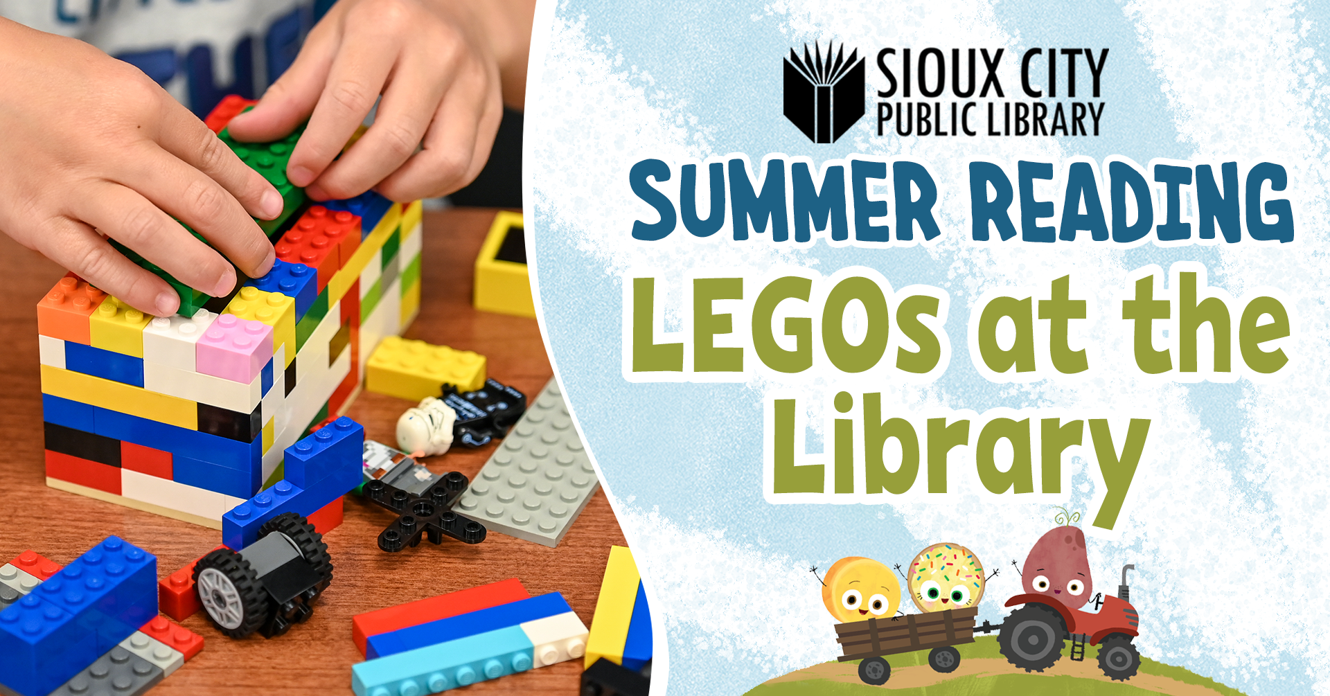 A child’s hands build a colorful LEGO structure on a table. Beside it, a graphic reads “Sioux City Public Library Summer Reading LEGOs at the Library,” with cartoon characters and cheerful colors.