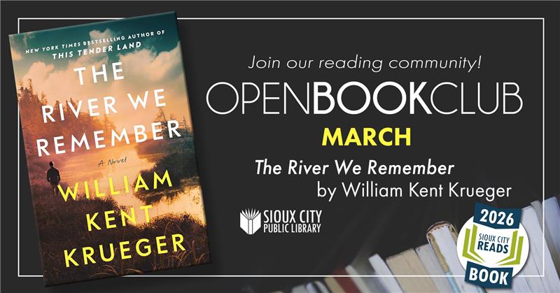 March 2026 Open Book Club flyer with the feature book cover and title.