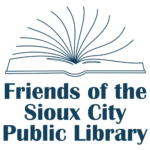 Logo featuring an open book with fanned pages above the text Friends of the Sioux City Public Library in bold blue letters.