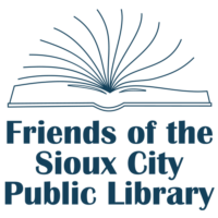 Logo featuring an open book with fanned pages above the text Friends of the Sioux City Public Library in bold blue letters.