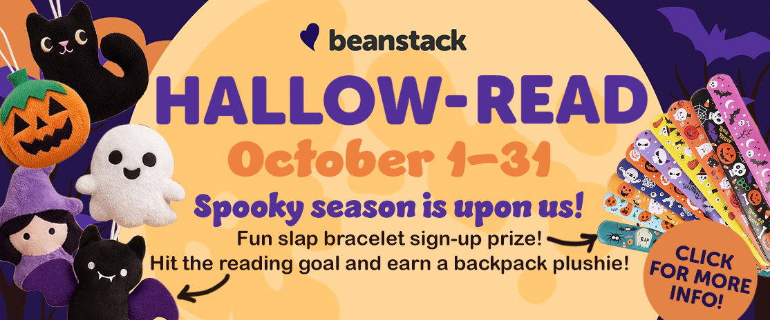 Colorful Hallow-Read banner with plush Halloween characters, slap bracelets, Beanstack logo, and text promoting a reading challenge from October 1–31 with prizes. Decorative bats, moon, and pumpkins in the background.
