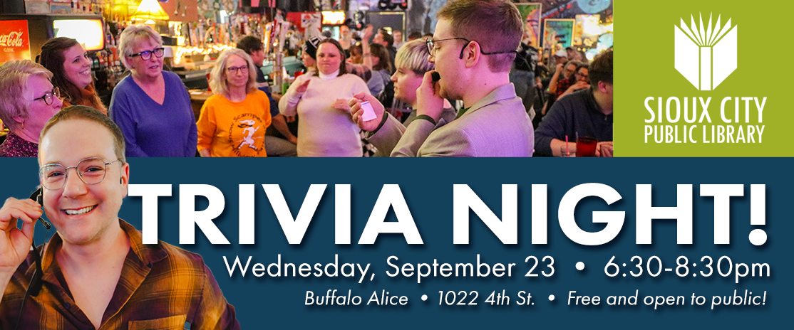 People gathered at Buffalo Alice for a trivia night event hosted by Sioux City Public Library, with a host speaking and event details listed at the bottom.