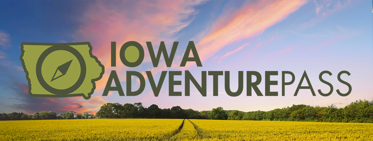 Web_Header_IAAdventurepass_1240x468 Iowa Adventure Pass logo over a scenic field with green trees and a colorful sunset sky.
