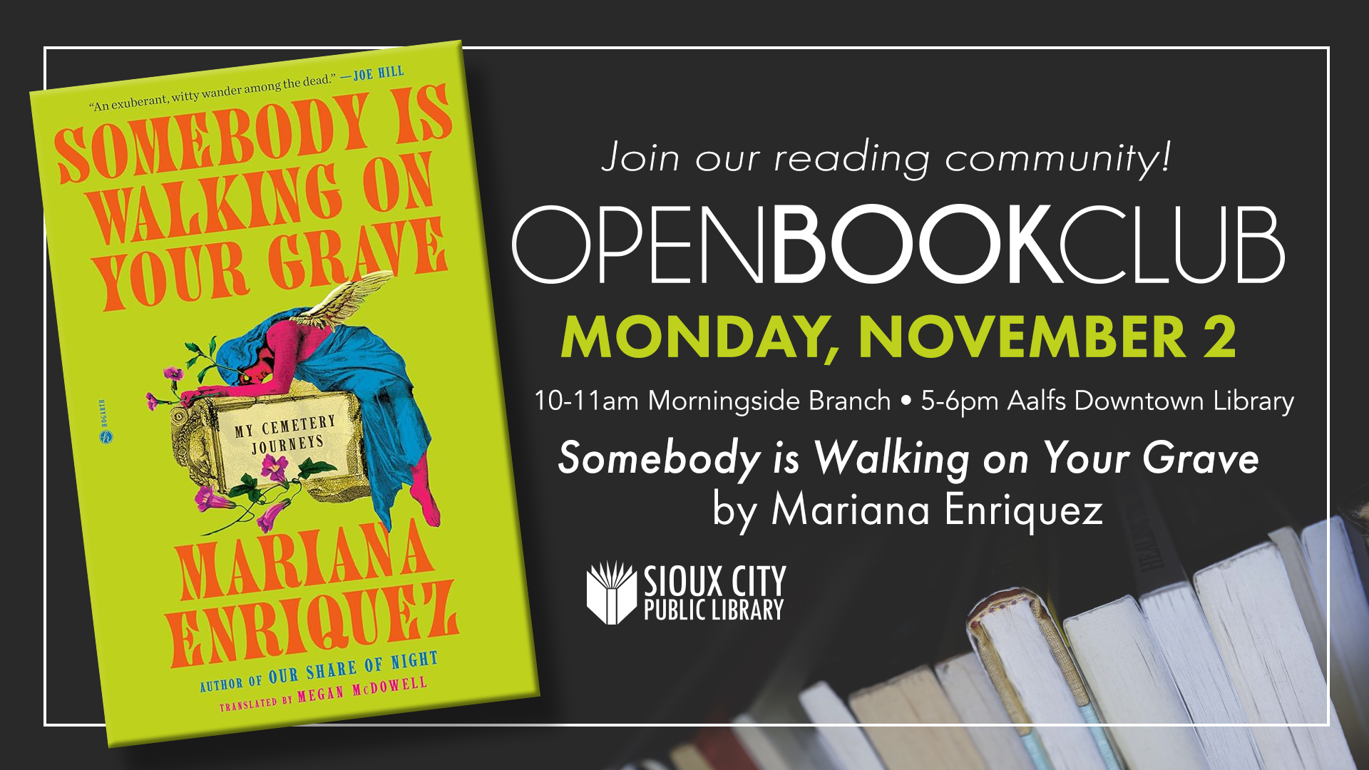 Poster for a Sioux City Public Library book club meeting on Monday, November 2, featuring the book Somebody is Walking on Your Grave by Mariana Enriquez.