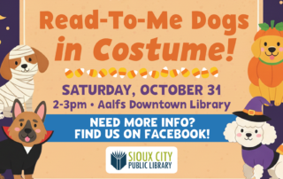 Event flyer for Read-To-Me Dogs in Costume on Saturday, October 31, 2-3pm at the Aalfs Downtown Library, featuring illustrations of dogs in Halloween costumes.