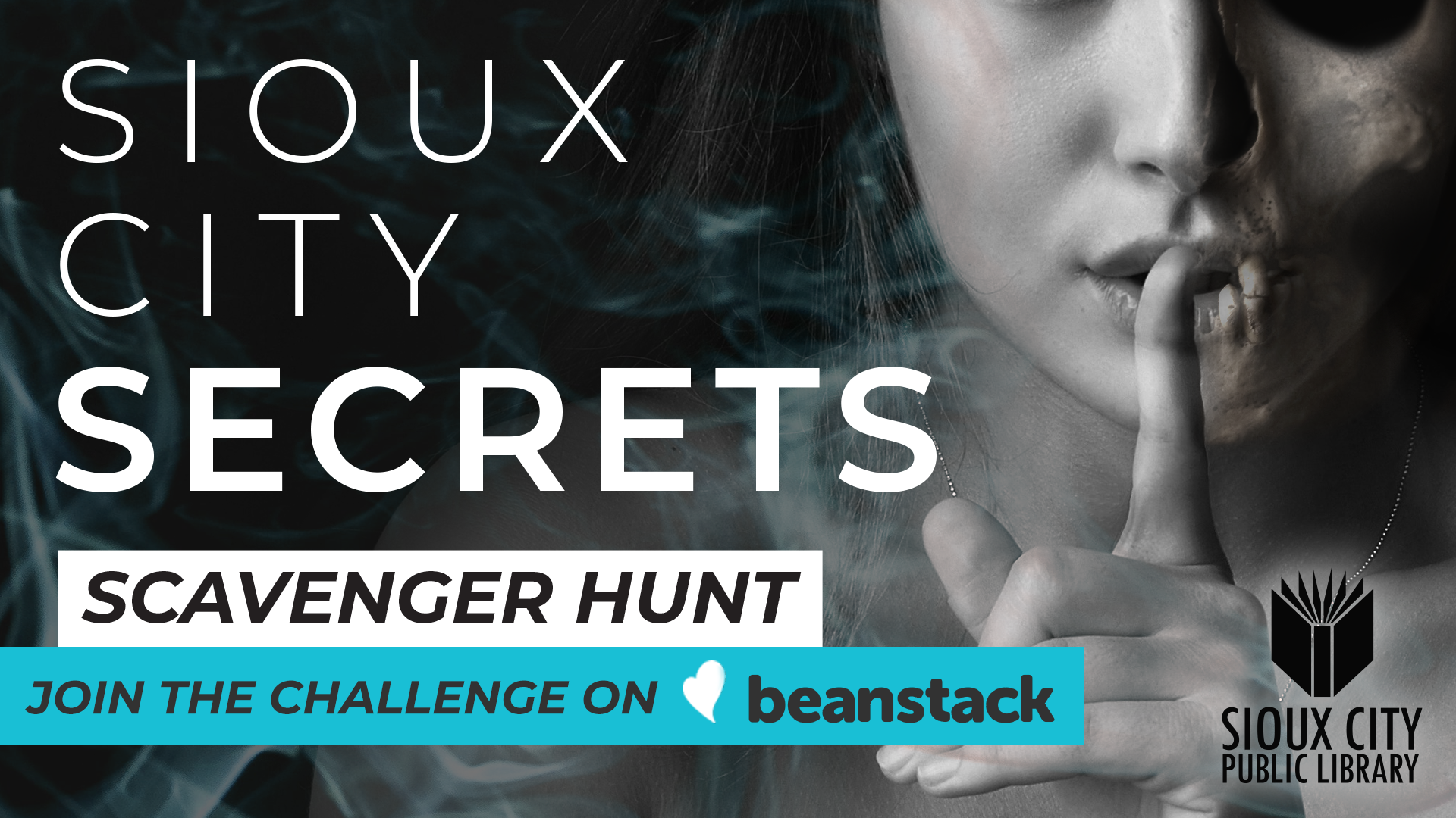 A woman with a finger to her lips gestures for silence next to text promoting the Sioux City Secrets Scavenger Hunt challenge on Beanstack, with the Sioux City Public Library logo in the corner.