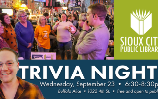 People stand and smile in a lively bar during a trivia night event. A host with a microphone speaks to the crowd. Sioux City Public Library logo and event details are also shown.