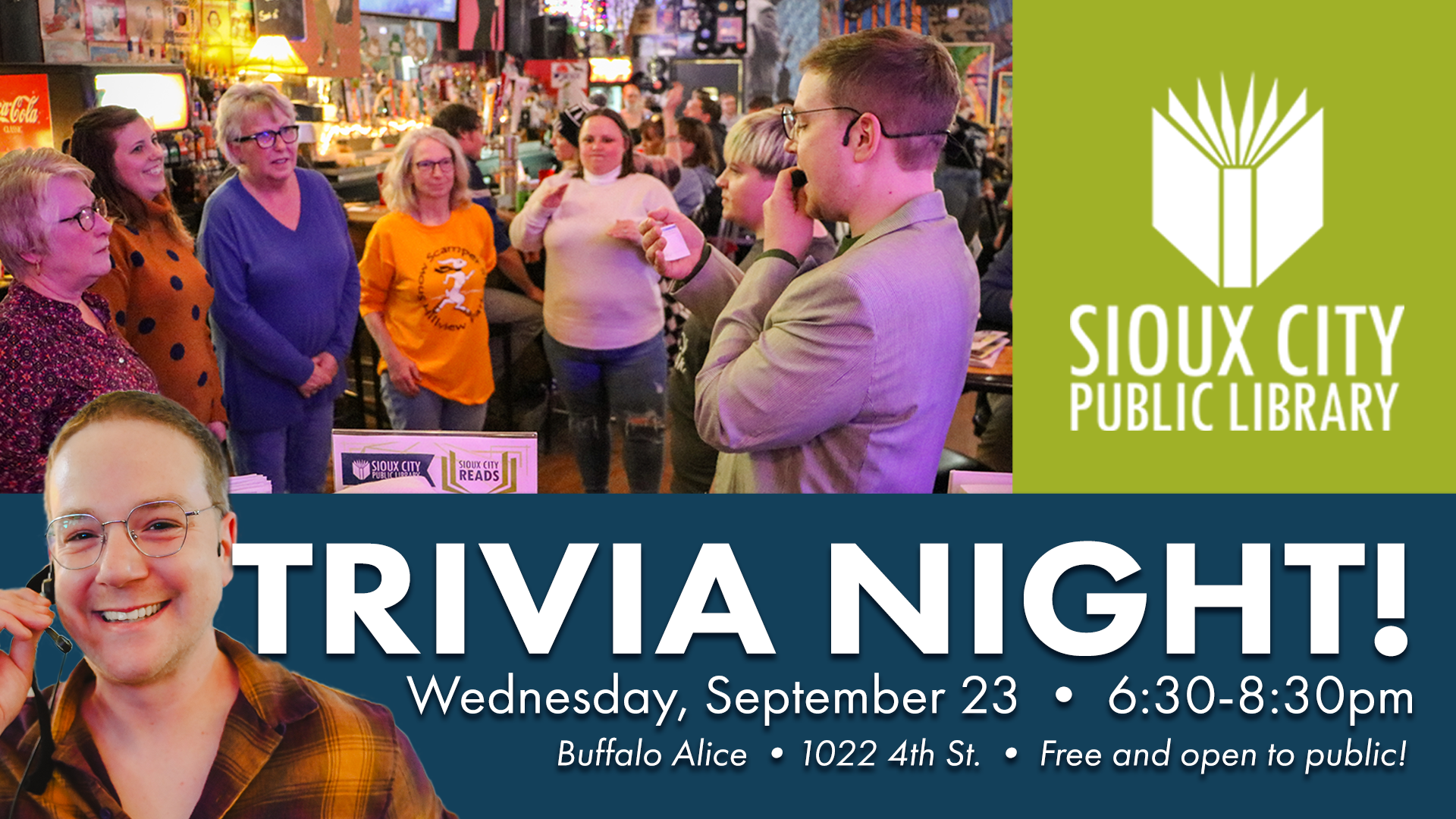 People stand and smile in a lively bar during a trivia night event. A host with a microphone speaks to the crowd. Sioux City Public Library logo and event details are also shown.